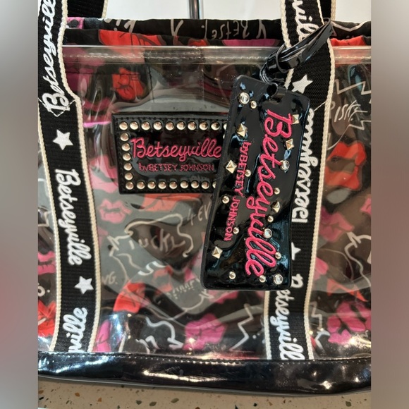 Vintage Y2K Betsey Johnson Clear Tote Bag with Drawstring Insert Kiss Pattern - Picture 5 of 11
